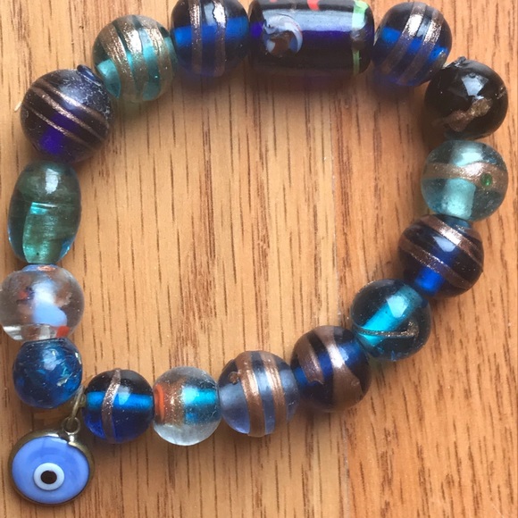 Evil Eye Glass Beaded Stretchy Bracelet - Picture 1 of 3
